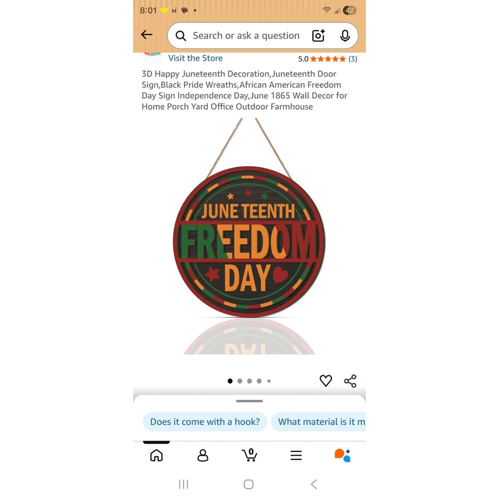 3D Happy Juneteenth Decoration Door Sign,Black PrideAfrican American Freedom Day